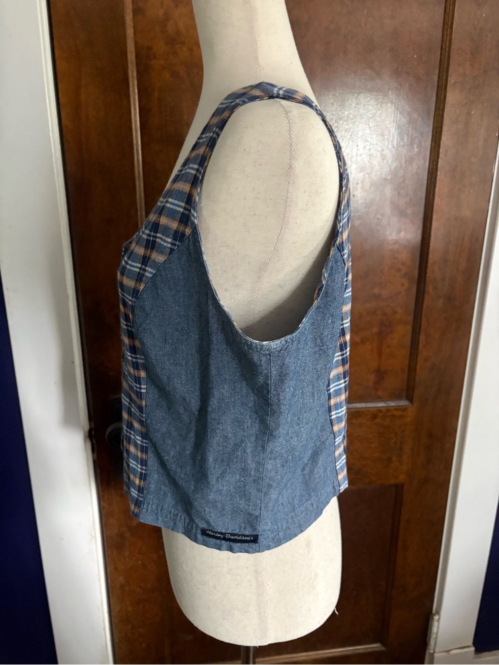 VTG 90s Harley Davidson 100% Cotton Plaid Denim Cropped Vest Top Pearl Snaps L - Picture 11 of 11
